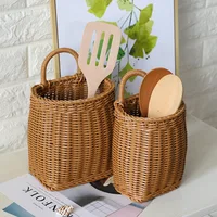 Wall Mounted Storage Basket Fruit Sundries Basket Simulated Rattan Decorative Hanging Basket Flower Pot with Handle Home Decor 1