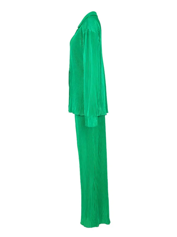 QFAF Fashion Pleated Women's Set Long Sleeve Oversized Shirt and Wide Leg Pants 2023 Elegant Tracksuit Two 2 Piece Set Outfits 5