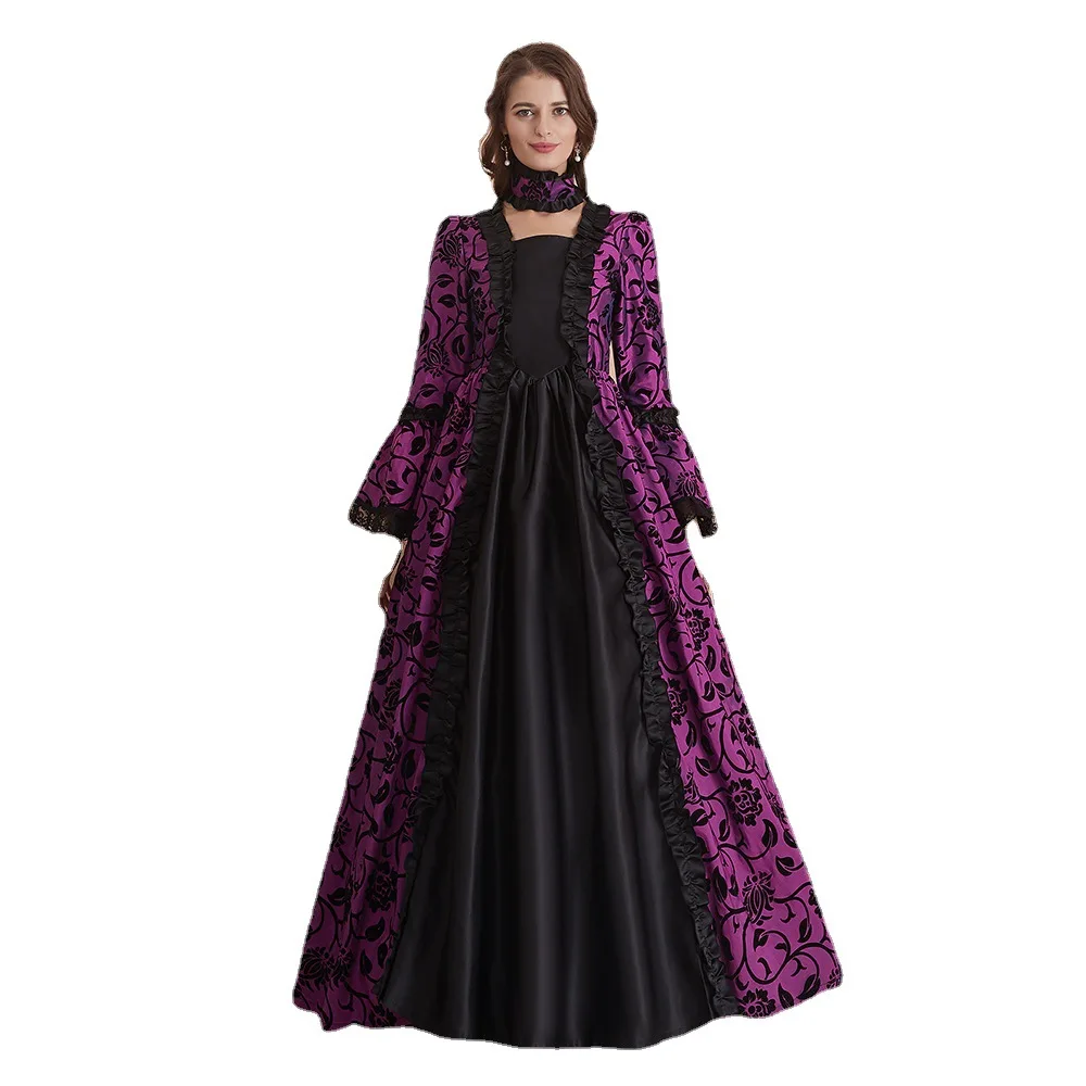 

Womans Vintage Gothic Cosplay Dress Medieval Renaissance Masquerade Costume Elegant Halloween Party Long Sleeve embroidery Dress