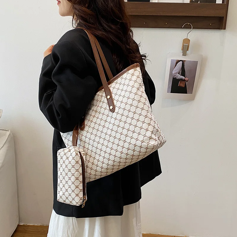 Borsa tote classica a stampa geometrica di grande capacità con piccola pochette, finiture in pelle marrone, set di borse a tracolla retrò per il lavoro. - immagine 3