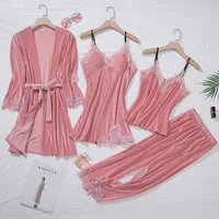 TOP décontracté velours maison vêtements 4 pièces ensemble de sommeil Lingerie intime femmes pyjamas costume à manches longues dentelle velours Homewear pyjamas ensemble 4