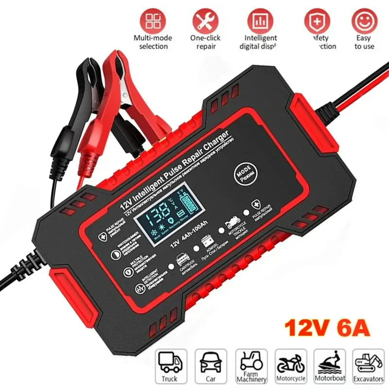 Car Battery Charger Full Auto Motorcycle 12V 6A Pulse Repair LCD Display Smart Fast Charge AGM Deep cycle GEL Lead-Acid Charger car battery accessories