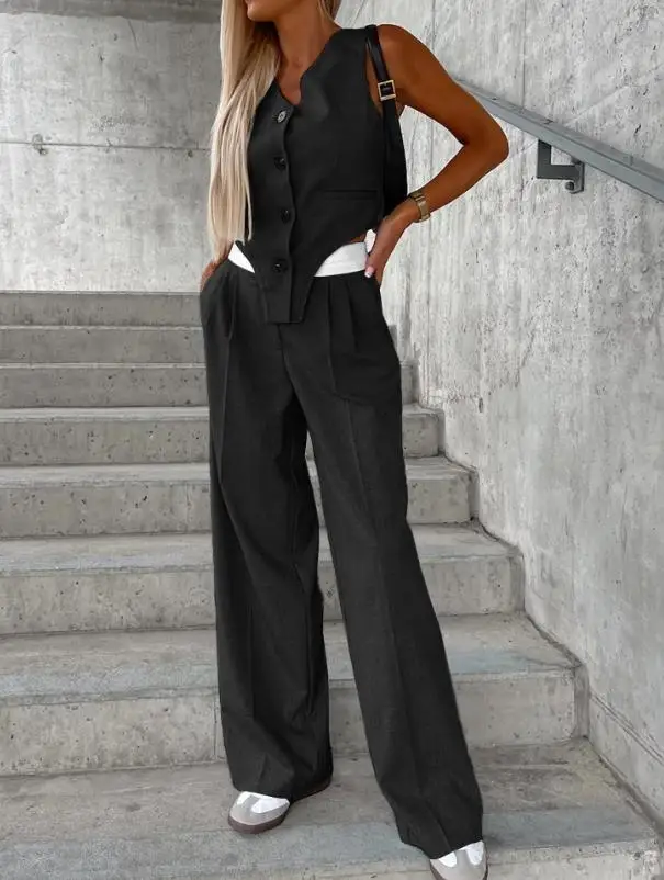 Single Row Button Striped Color Matching Tank Top and Pleated Pants Set 2023 New Hot Selling Fashion Women's Clothing