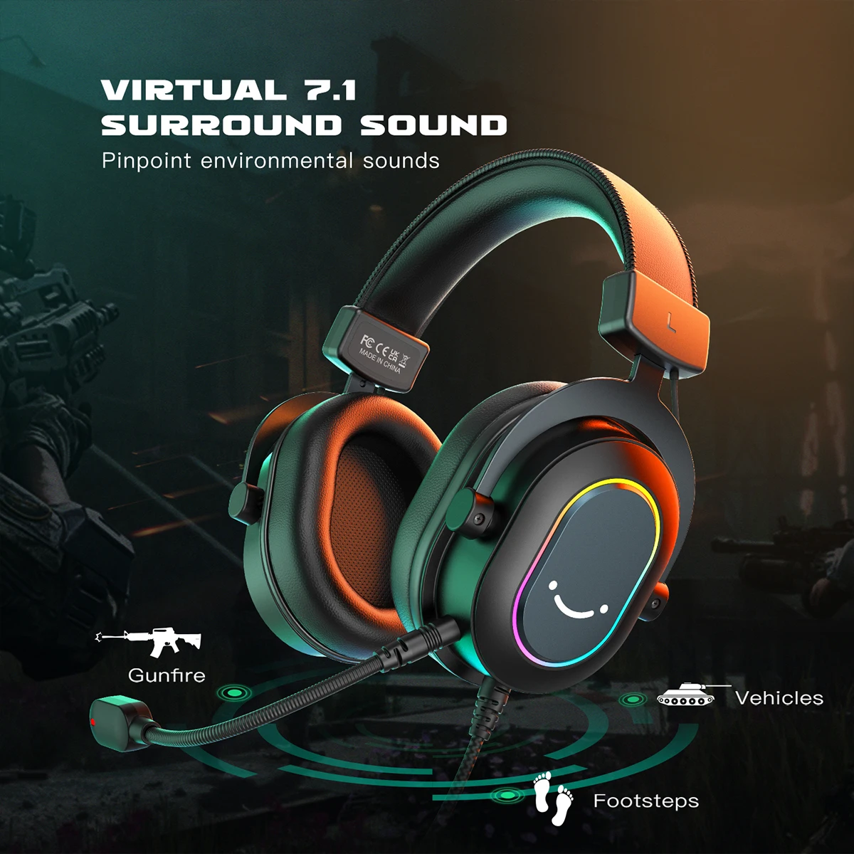 Fifine Dynamic RGB Gaming Headset with Mic - Over-Ear Headphones, 7.1 Surround Sound, 3 EQ Sound Modes