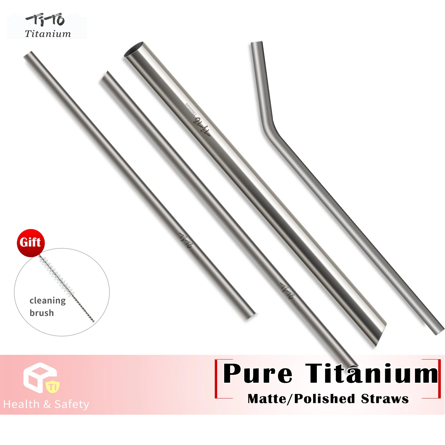 TiTo Sandblasted Reusable Metal Straws Pure Titanium Drinking Straw with Cleaner Brush for Medicine Milk Tea Beverages