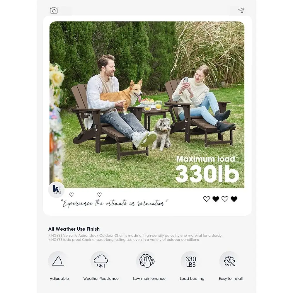 Folding Adjustable Adirondack Chair Set with Ottoman and Cup Holder Outdoor Relaxation Oversized Reclining Lounger 2 Pcs 6