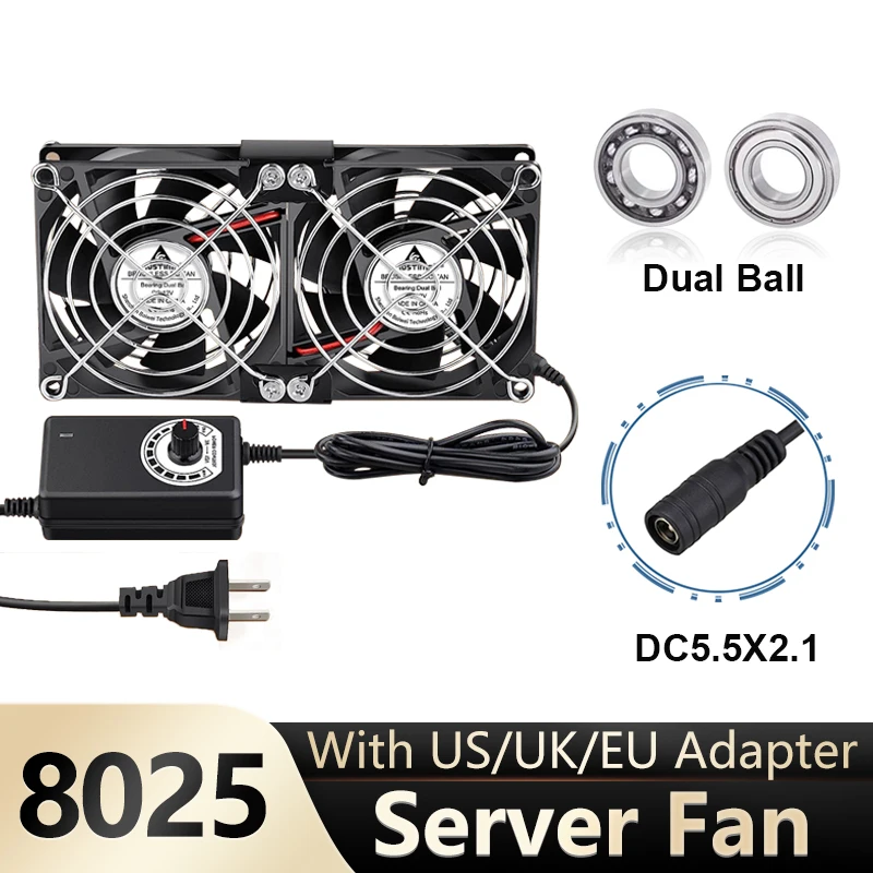 Gdstime-ventilador de Bola Duplo para Servidor 80x80x25 mm 12v dc 80x80x25 mm com Adaptador 220v para Estação de Trabalho
