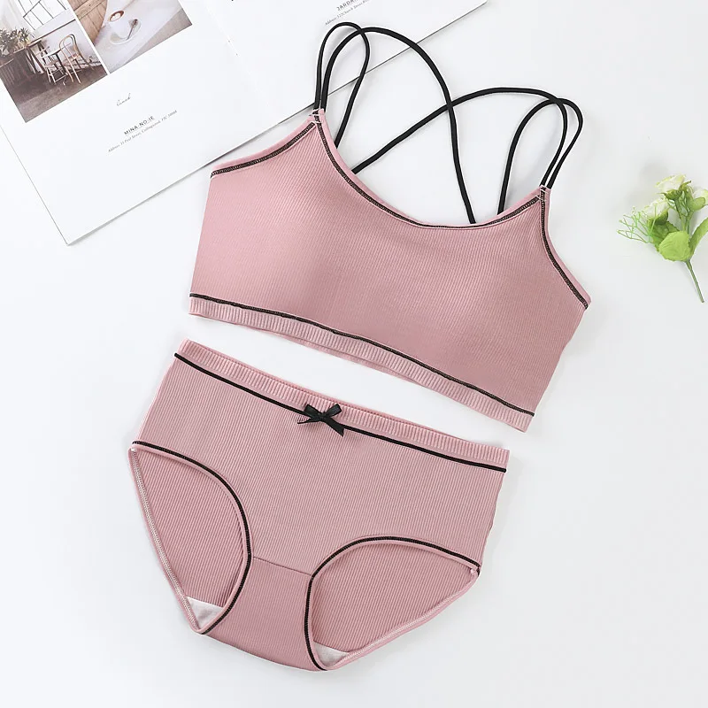 Cotton Girls Bra Panty Sets Teenage Girls Cotton Padded Training Bra + Panties Kids Sports Panties Underwear