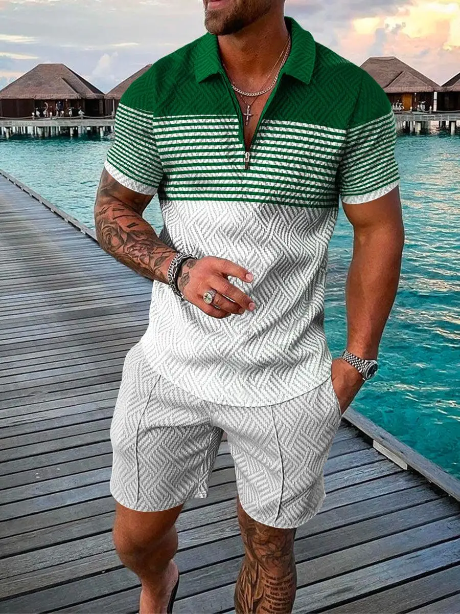 Men's High Quality Sportswear Short Sleeve Zip Polo Shirt + Shorts Set Men Street Sports Jogging 2 Piece Summer 2022