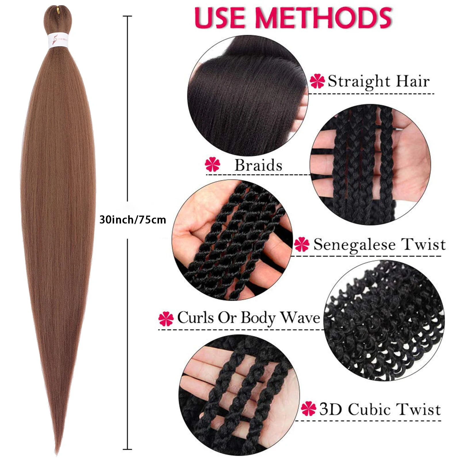 Brown Braiding Hair Pre 3 Packs Pre stretched Braiding Hair Yaki Texture Synthetic Hair Extension Itch Free Hot Water Setting 4