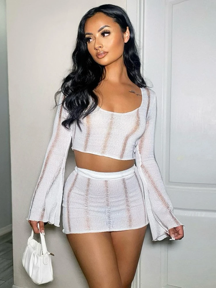 Women Rib Knitted Beachwear Skirt Two Piece Set Solid Short Sleeve Crop Tops  T-Shirt Mini Skirt Outfit Party Club Matching Sets