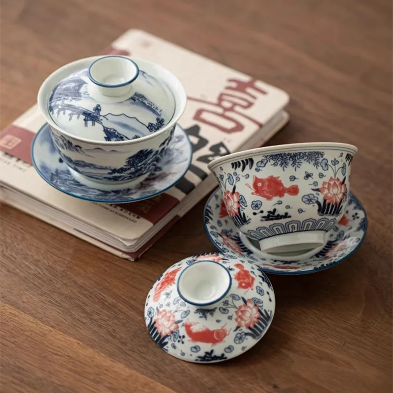 Jingdezhen Blue and White Porcelain Covered Bowl, Large Kung Fu Ceramic Tea Bowl, San Cai Gaiwan Handheld Bowl