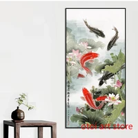 Chinese Traditional Style Lotus Auspicious Nine Koi Fish Feng Shui Art Poster Canvas Painting Wall Print Picture Room Home Decor 4