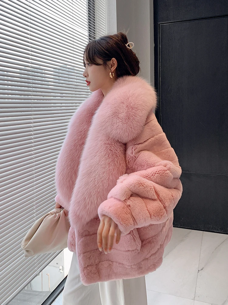 Fashion Women Real Rex Rabbit Fur Coats Long Natural Full Pelt Chinchilla Color Rabbit Fur Jackets With Real Fox Fur Collar Over