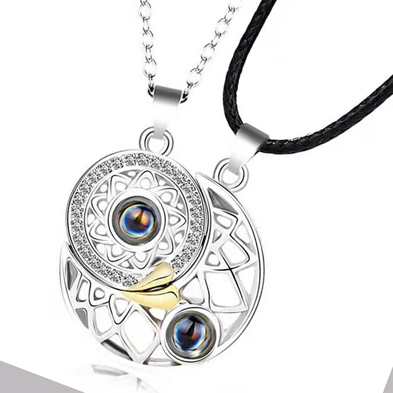 2PCS/set Sun Moon Couple Projection Necklaces I LOVE YOU In 100 Languages Necklace For Memory Of Choker |