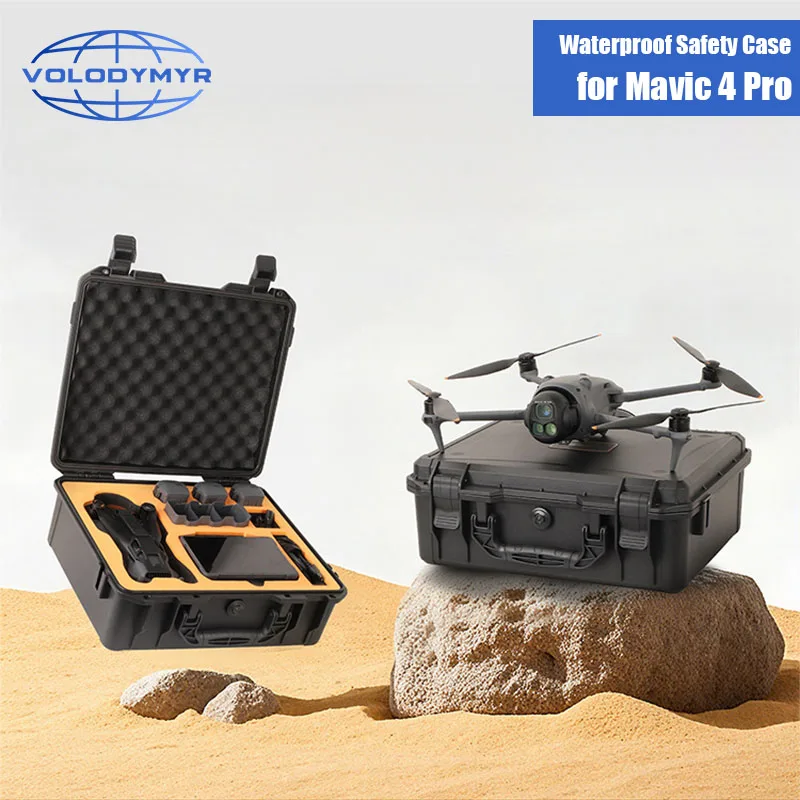 Étui rigide étanche pour DJI Mavic 4 Pro, avec drone et télécommandes RC Pro 2 et RC 2 rangés à l'intérieur.