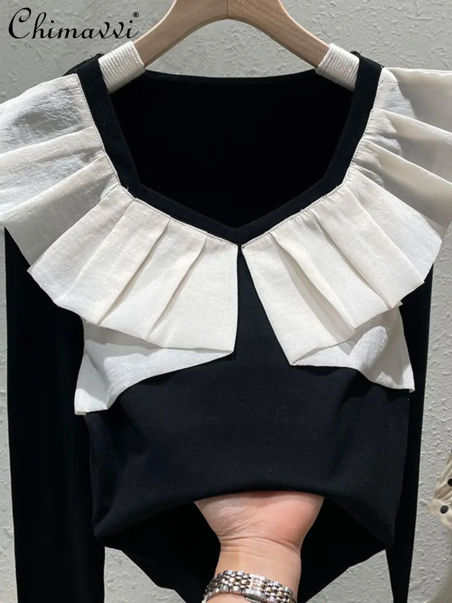 

High-End Color Contrast Patchwork Ruffled V-neck Long-Sleeved Tshirt for Women 2023 Spring New Fashion Slim Bottoming Shirt