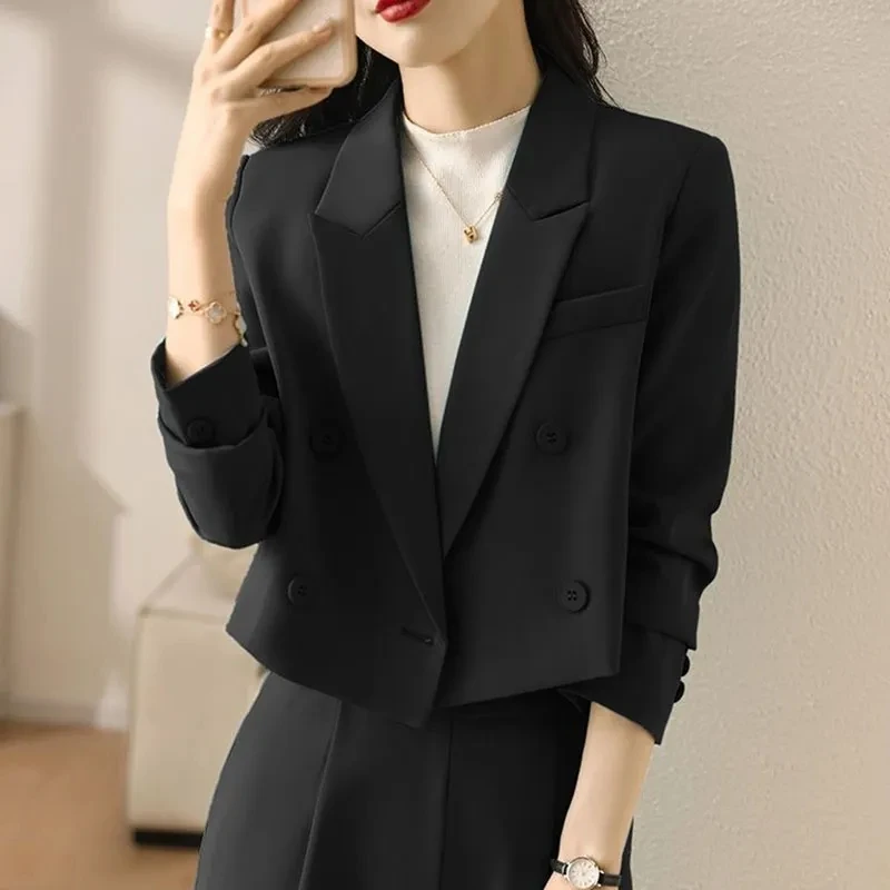 

Zoki Black Cropped Blazers Women Korean Fashion Double Breasted Office Lady Suit Coat Autumn Long Sleeve All Match Outerwear