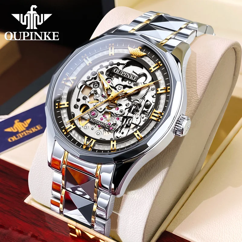 OUPINKE Original Skeleton Mens Watch Luxury Automatic Wrist Watch Self Winding Sapphire Crystal Tungsten Steel Waterproof 並行輸入品