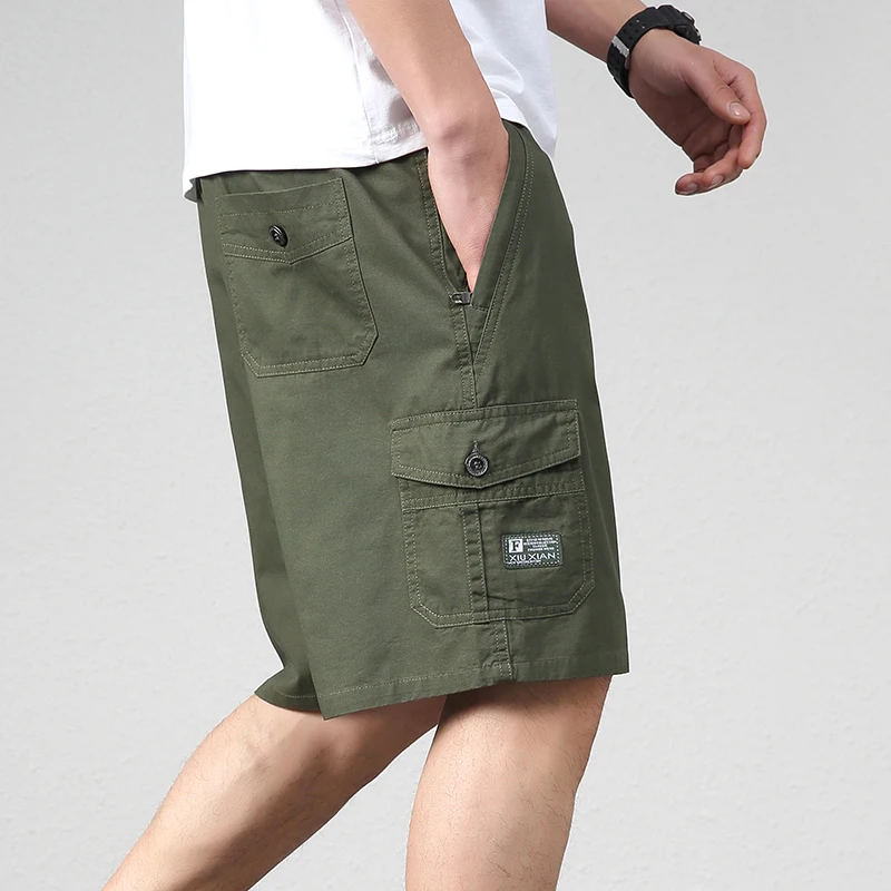 

Casual Summer Shorts Safari Style Pockets Spliced 2024 Men's Clothing Mid Waist Elastic Solid Color Youthful Vitality Knee Pants