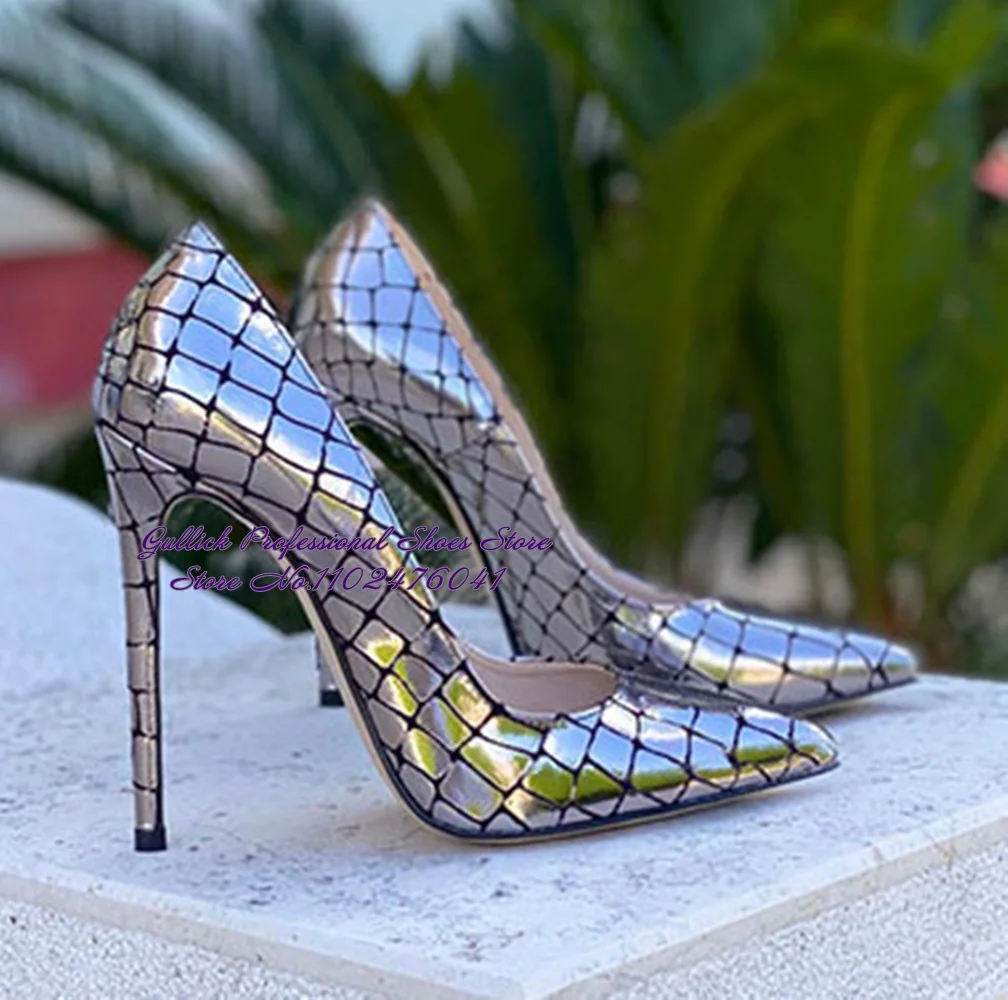 

Women Gold Silver Checkered Snakeskin High Heel Shoes Metallic Shallow Cut Pointed Toe Pumps 12cm 10cm 8cm Sky High Stilettos