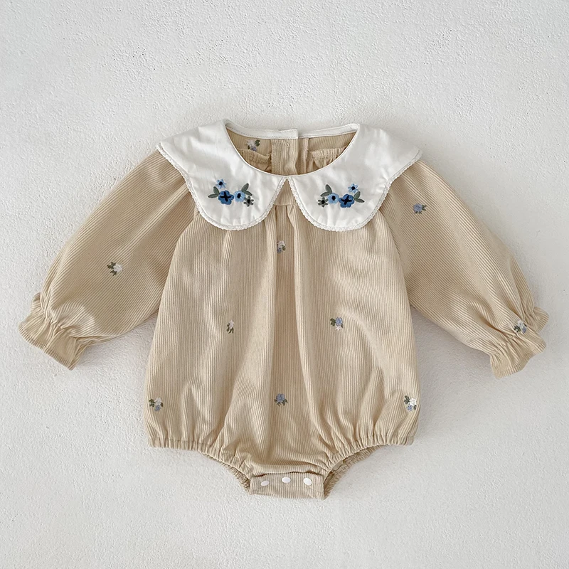 Autumn Newborn Infant Solid Color Bodysuit Girls Romper Floral Embroidery Long Sleeved Jumpsuit Baby Lapel Clothes Infant Clothe - Image 4