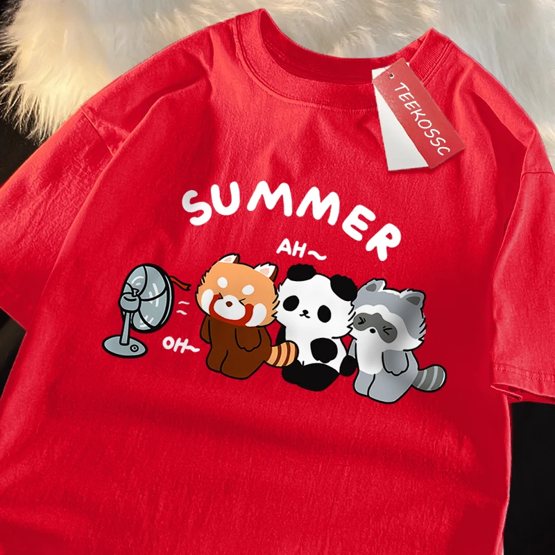 3 Raccoons Blowing Fans Print T-Shirt Street Breathable Tshirt Fashion Loose Tees Cotton Oversized Street Clothes Men Women