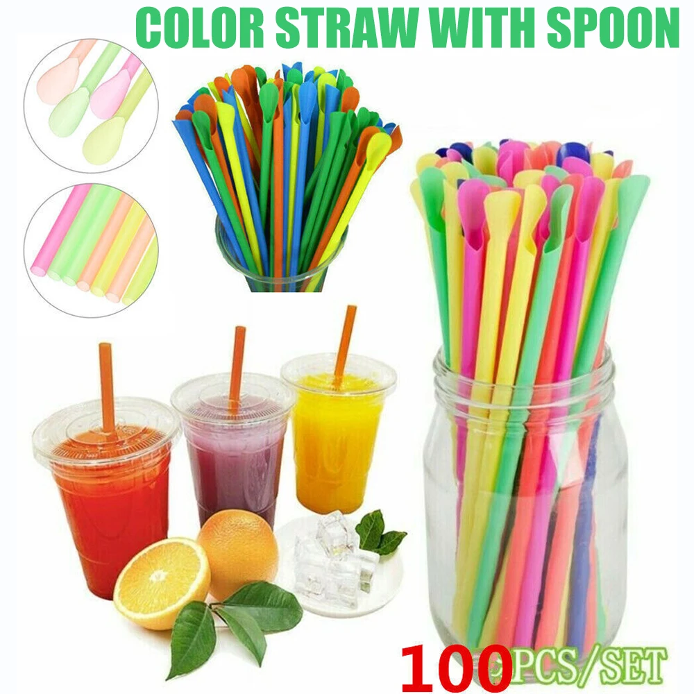 100pcs 20cm Colorful Scoop Straws Lightweight Disposable Dual Use