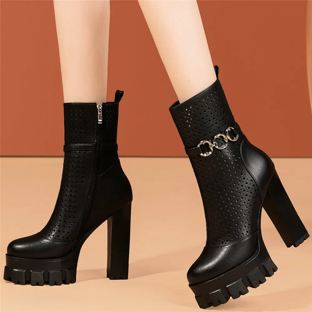 

2023 Platform Pumps Shoes Women Hollow Genuine Leather Ankle Boots Female Round Toe High Heel Gladiator Sandals Casual Shoes