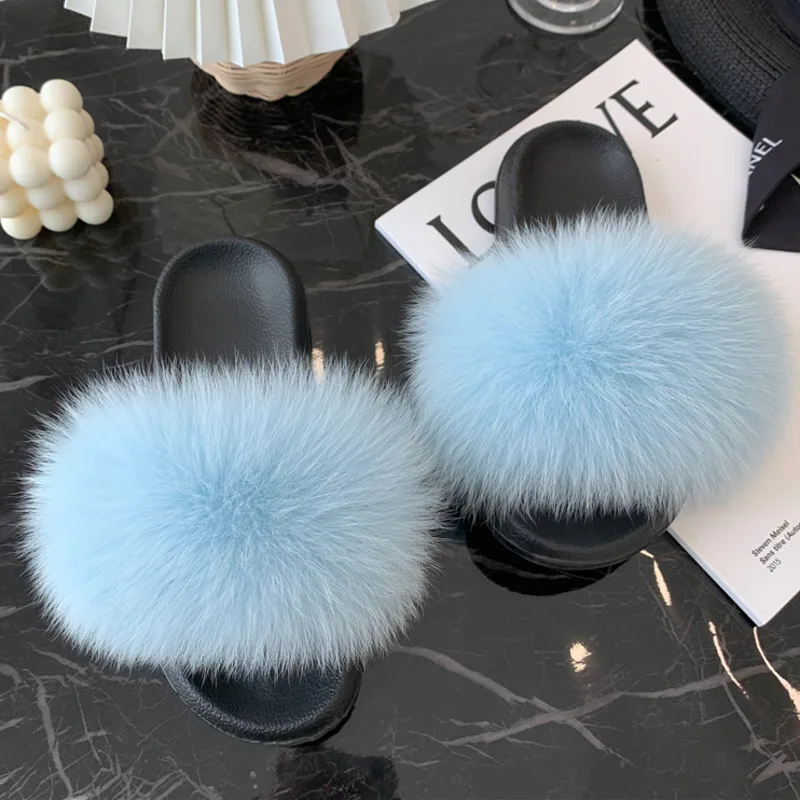 Summer Women Fox Fur Slippers Furry Flat Heels Fluffy Pink Slides High Quality Cozy Raccoon Fuzzy Sandals Fashion House Shoes - Image 5