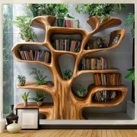 Tree Bookshelf Tapestry Multiple Sizes 2D Print Nordic Tree Plants Reading Theme Polyester Living Study Reading Nook Calm 1