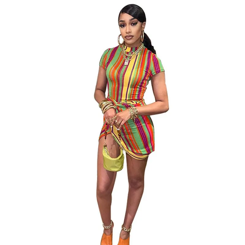 Sexy Short Dress Women African Dress Skinny Short Sleeve Mini Dress Colorful Striped Print Casual Simple African Clothing Summer