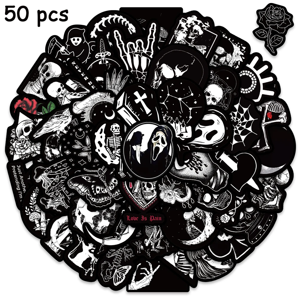 50pcs Black White Horror Skeleton Stickers Funny Graffiti Decals For Laptop Luggage Guitar Skateboard Halloween Stickers 10 in 1 whiteboard marker pen painting graffiti drawing pen black