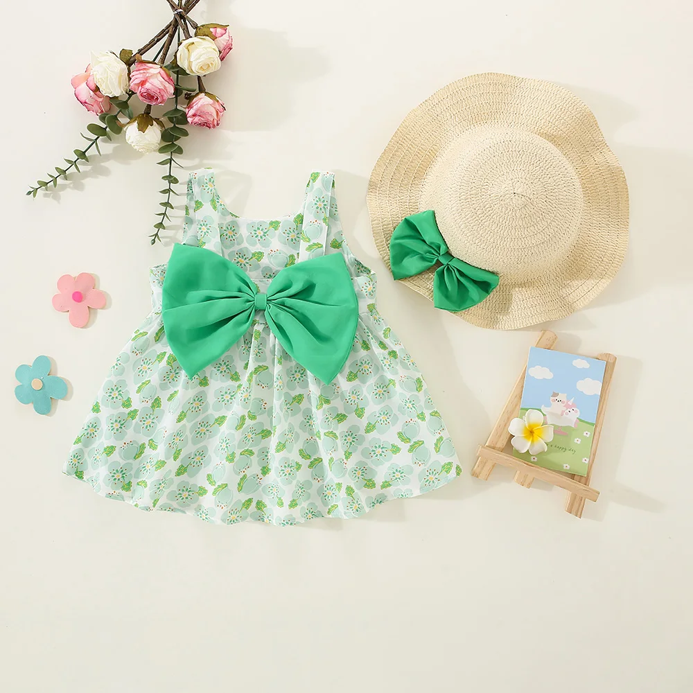 2Pcs/Set Summer children's dress with large bow at back peach blossom suspender chiffon girl's dress and straw hat Girls Dress Baby Girl Dress