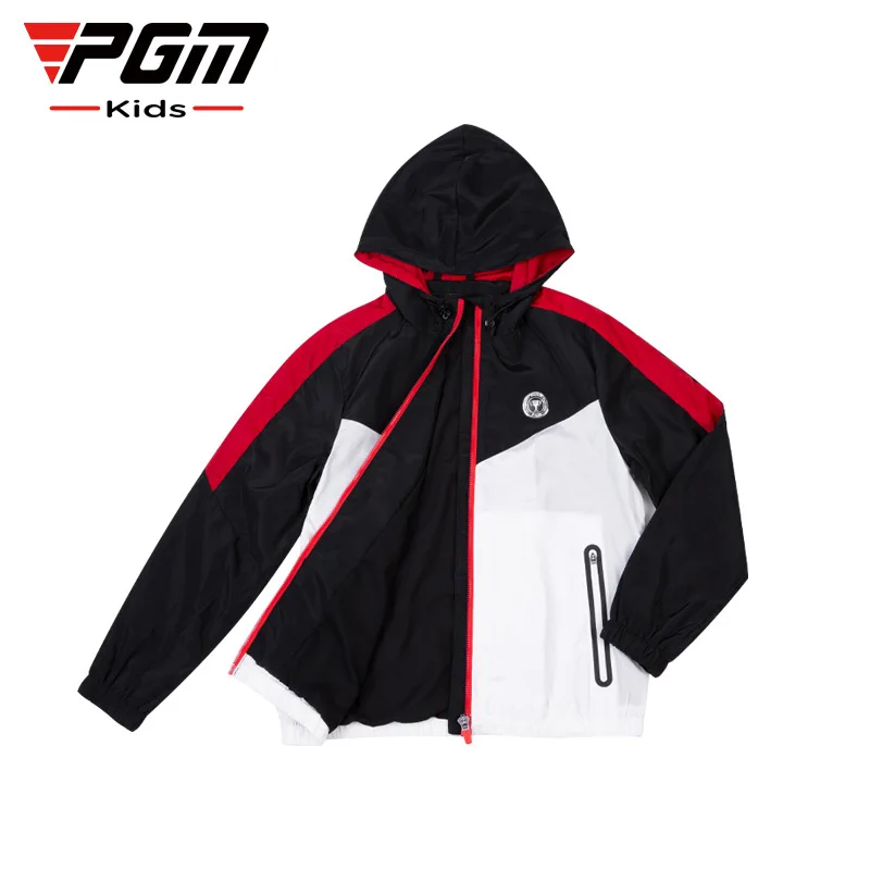 PGM Boys Long Sleeves Full Zipper Golf Jackets Children Windproof Warm Casual Golf Coat Hooded Printed Windbreakers Sports Tops