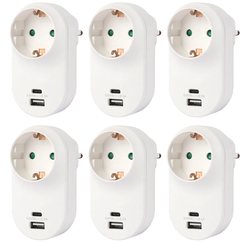 European Multi-Functional Wall Plug with USB and Type-C Interface, 2-Hole Grounding Socket