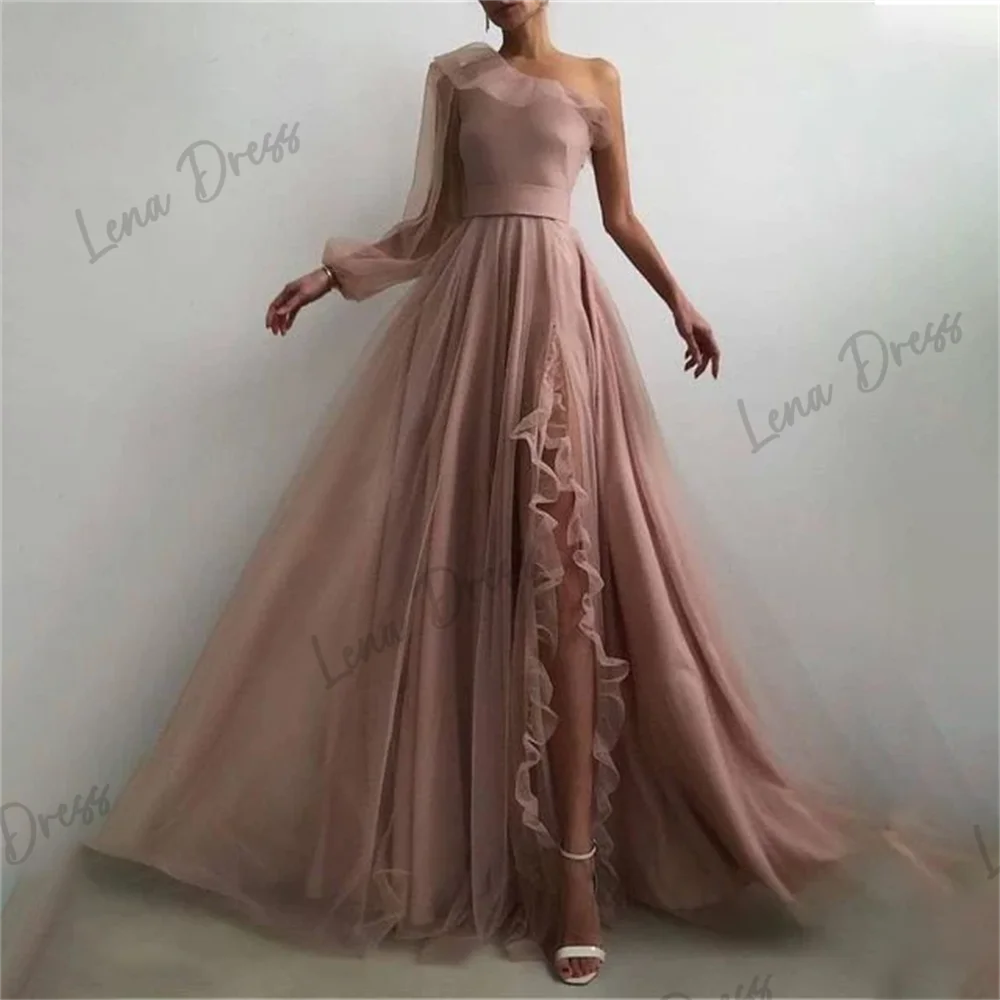 

Lena One Shoulder Prom Dress Pink powder blusher Party Dress Beach Celebrity Dress High Split Wedding Party Dress вечерние плать