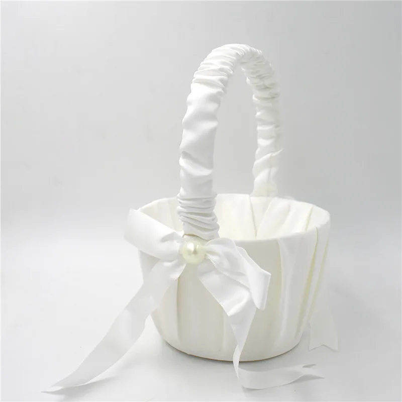 1/2 Stück Satin-Perlenknoten-Blumenkorb für Mädchen, Ringhalter, weiße Blumen, Hochzeitsaccessoires, Damenzubehör, 2024 – Detail 5