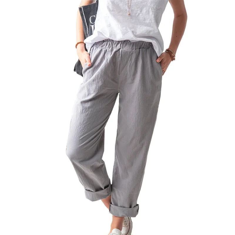Women's Cotton Hemp Pants Solid Color Casual Elastic High-waisted Straight Trousers Women