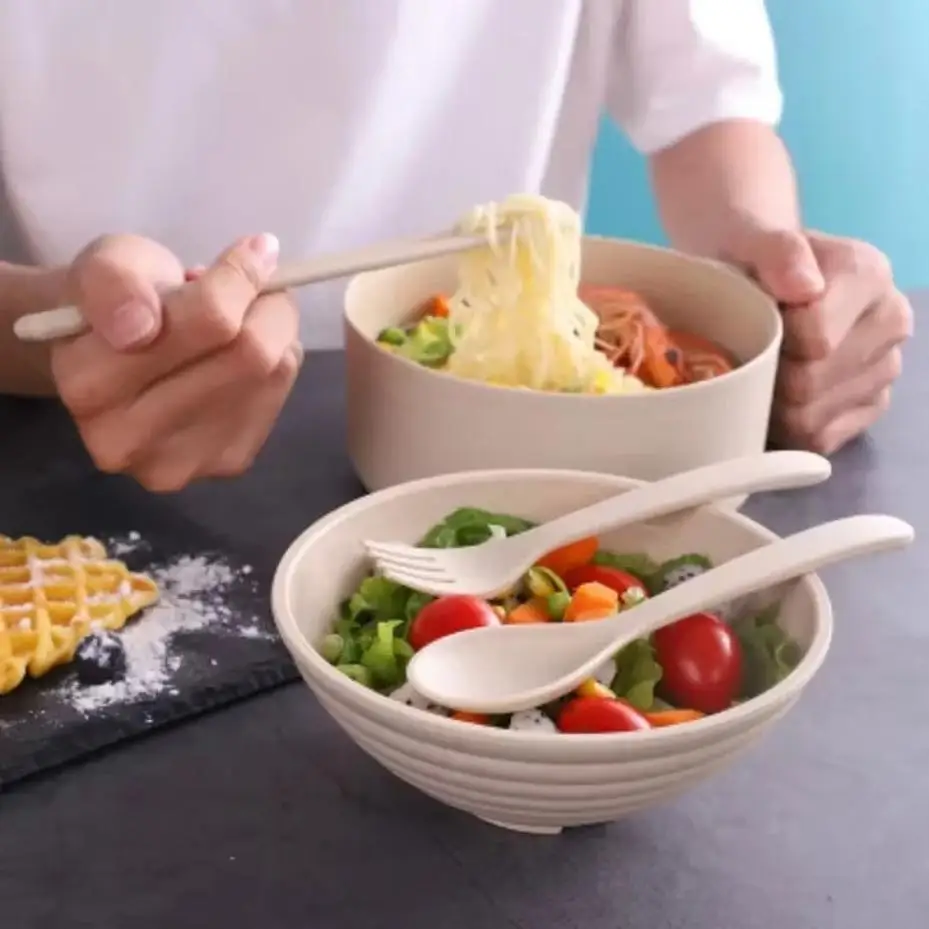 1 Set Wheat Straw Instant Noodle Bowl With Lid For Work Student Dormitory Bowl And Chopstick Set Large Capacity Rice Bowl Gift