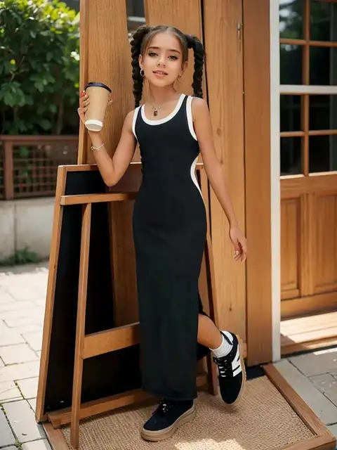 Robe décontractée, élégante et confortable pour enfants, sans manches, couleur unie, noir et blanc, col rond, jupe longue 1