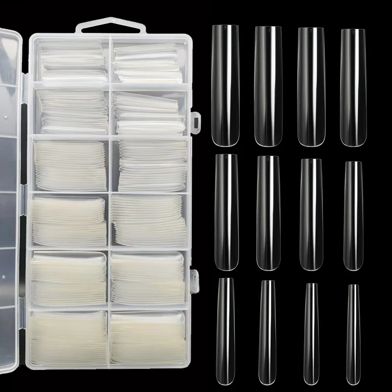 Extra Long Square Full Cover Nail Tips 240Pcs Clear Full Cover Fake Nails False Nails 12 Sizes Square Press on Fake Nail Tips