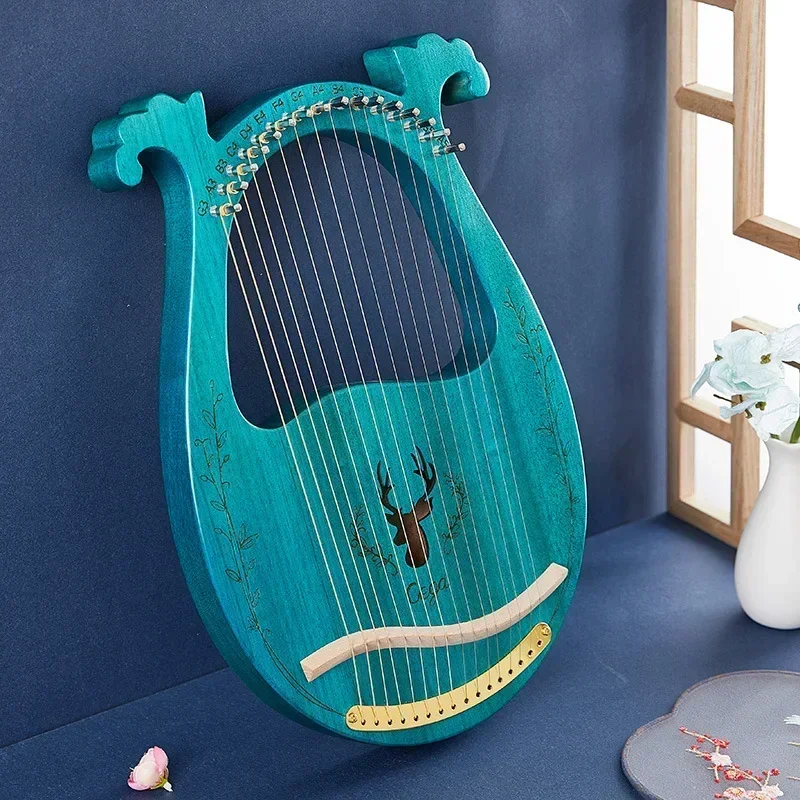 16-String Wooden Lyre Harp Round Shape Sound Hole Metal Harp Strings Solid Wood Strings Instrument