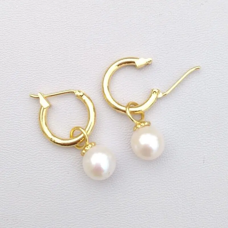 

7-8mm Natural Akoya White AAAA Perfect Round Real Pearl Earrings Filled 14k Yellow Gold Leverback Free Shipping