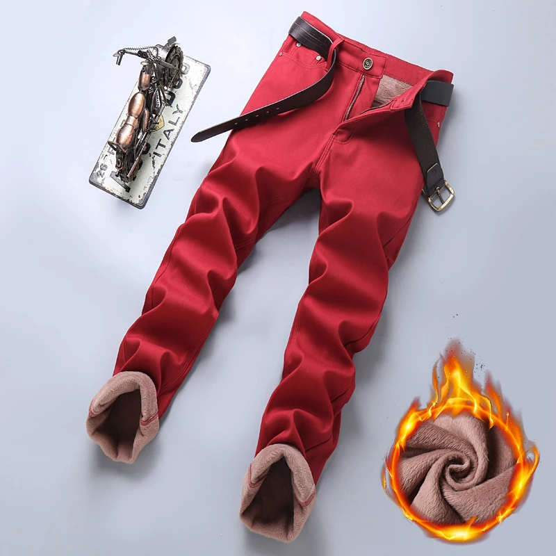 

New Autumn Winter Jeans Men's Fleece Business Casual Red Warm Jeans Stretch Slim Fit Denim Pants Male Brand Thickened Trousers