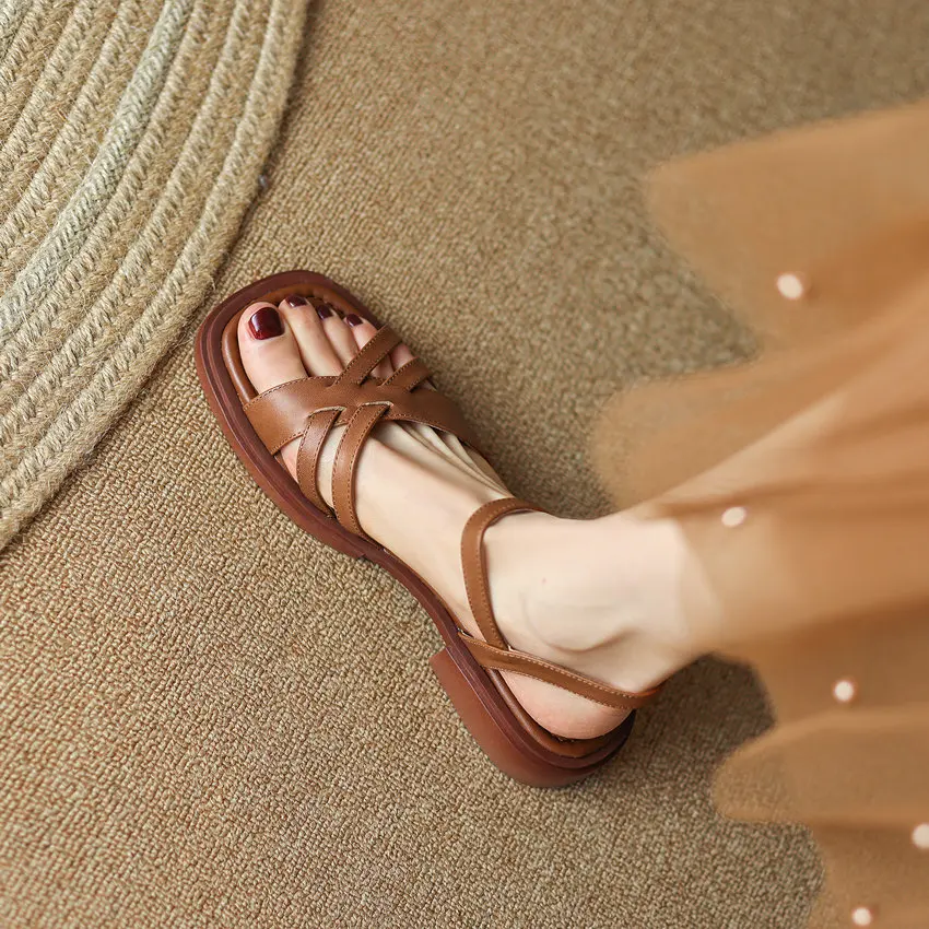 QUTAA Women Sandals Summer Party Wedding Casual Pumps Slingback Fashion Low Heel Genuine Leather Shoes Woman Size 34-43