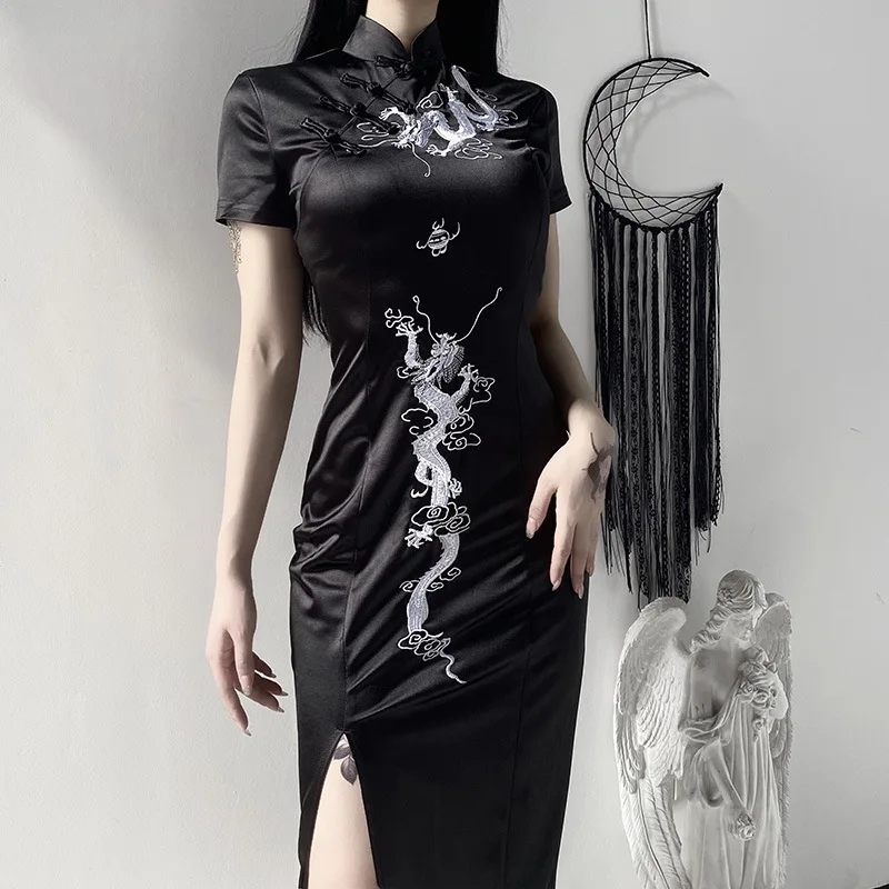 

Black Sexy Chinese Stand Collar Gothic Dress Emboridery Dragon Qipao Black/Red Vintage Evening Party Long Robe Cheongsam