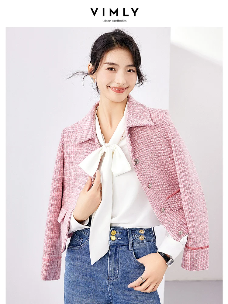 Vimly Elegant Pink Tweed Jacket 2023 Autumn Winter Clothes Women Single Breasted Long Sleeve Lapel Texture Coat Outerwear M2891