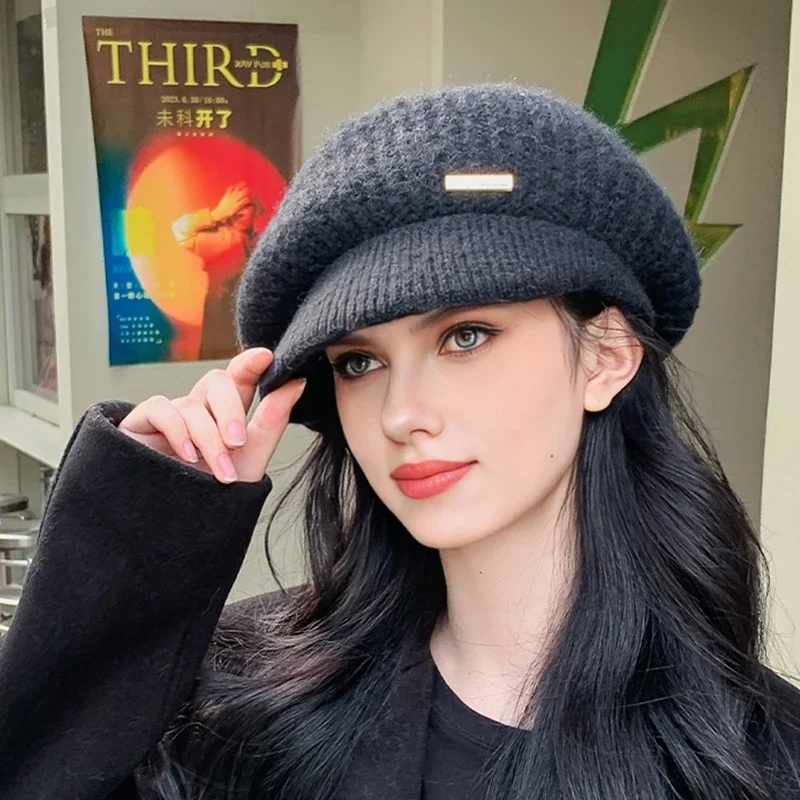 

Women Beret Hats Fashion Winter Warm Knitted Beanie Ladies Female Casual Fleece Keep Warm Cap Bonnet