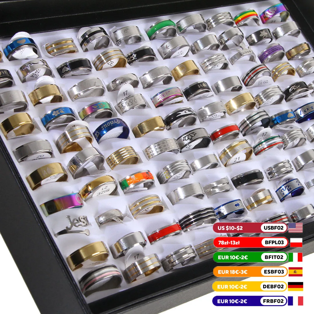 100pcs Mixed Rings Wholesale Lot Bulk Finger Band Rings for Men Women Birthday Jewelry Gift with Box